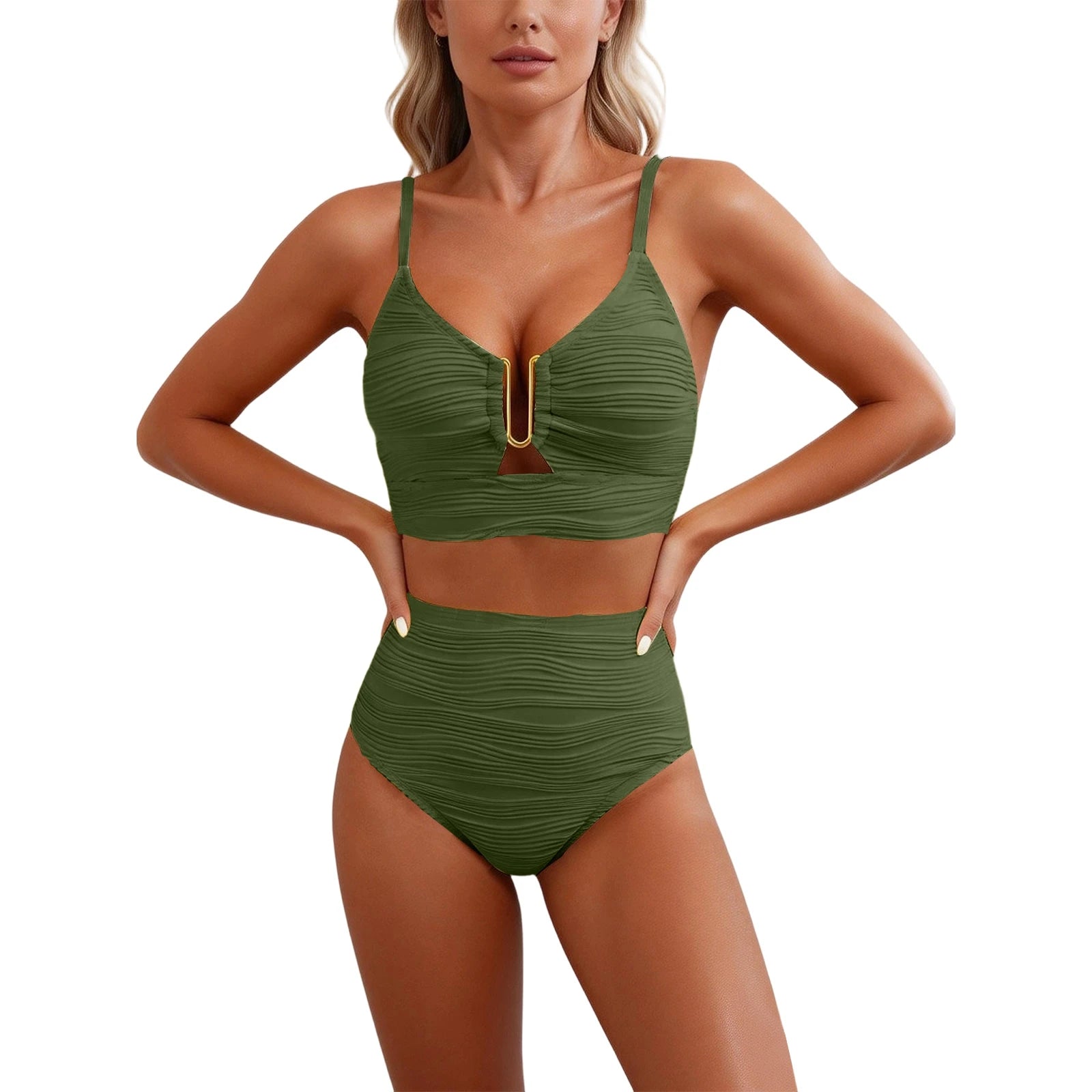 2 Piece Bikini Set Women’s U-Wire Cutout Popular Swimsuit High Waisted Textured 2026 Summer Beach Swim Female Bathing Suits