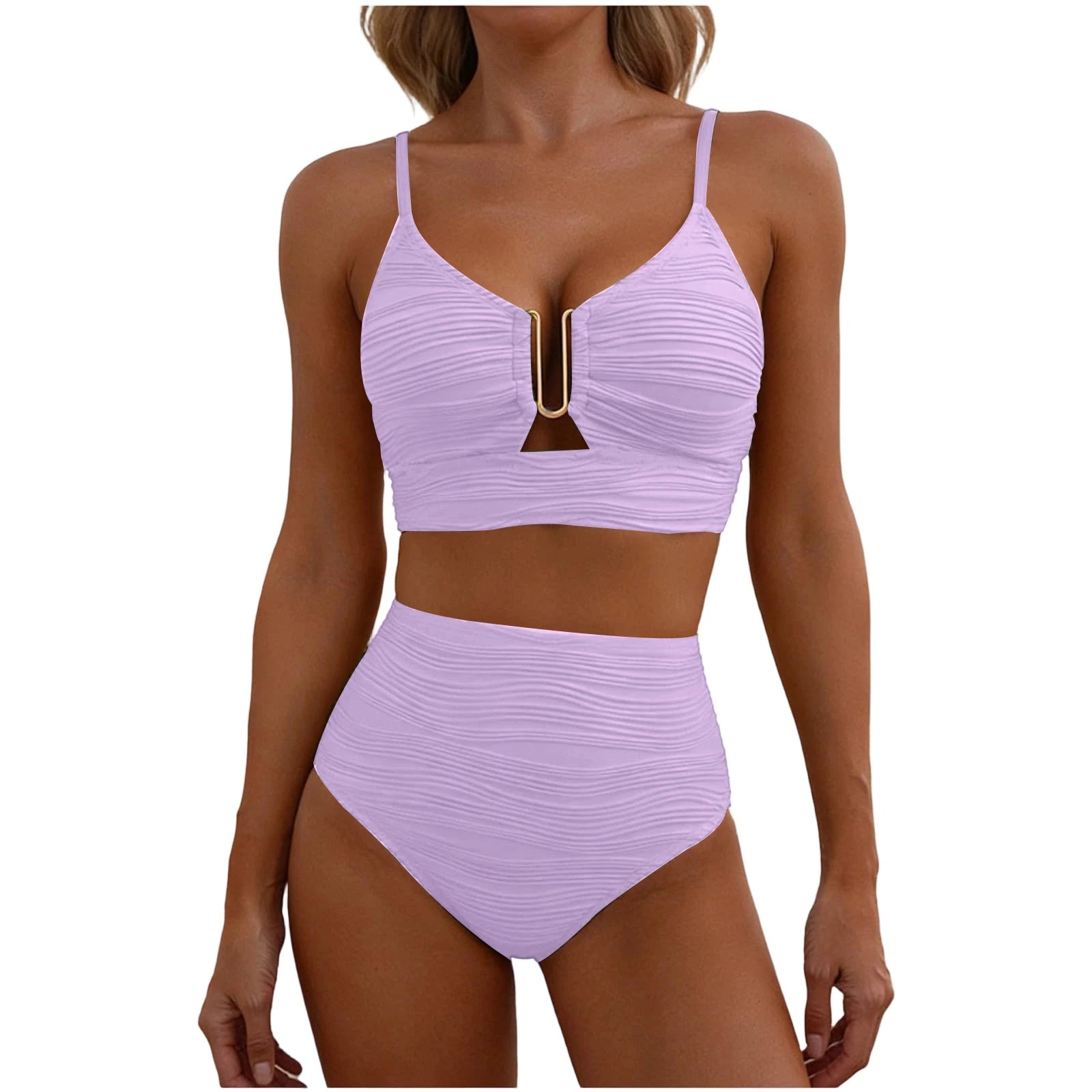 2 Piece Bikini Set Women’s U-Wire Cutout Popular Swimsuit High Waisted Textured 2026 Summer Beach Swim Female Bathing Suits