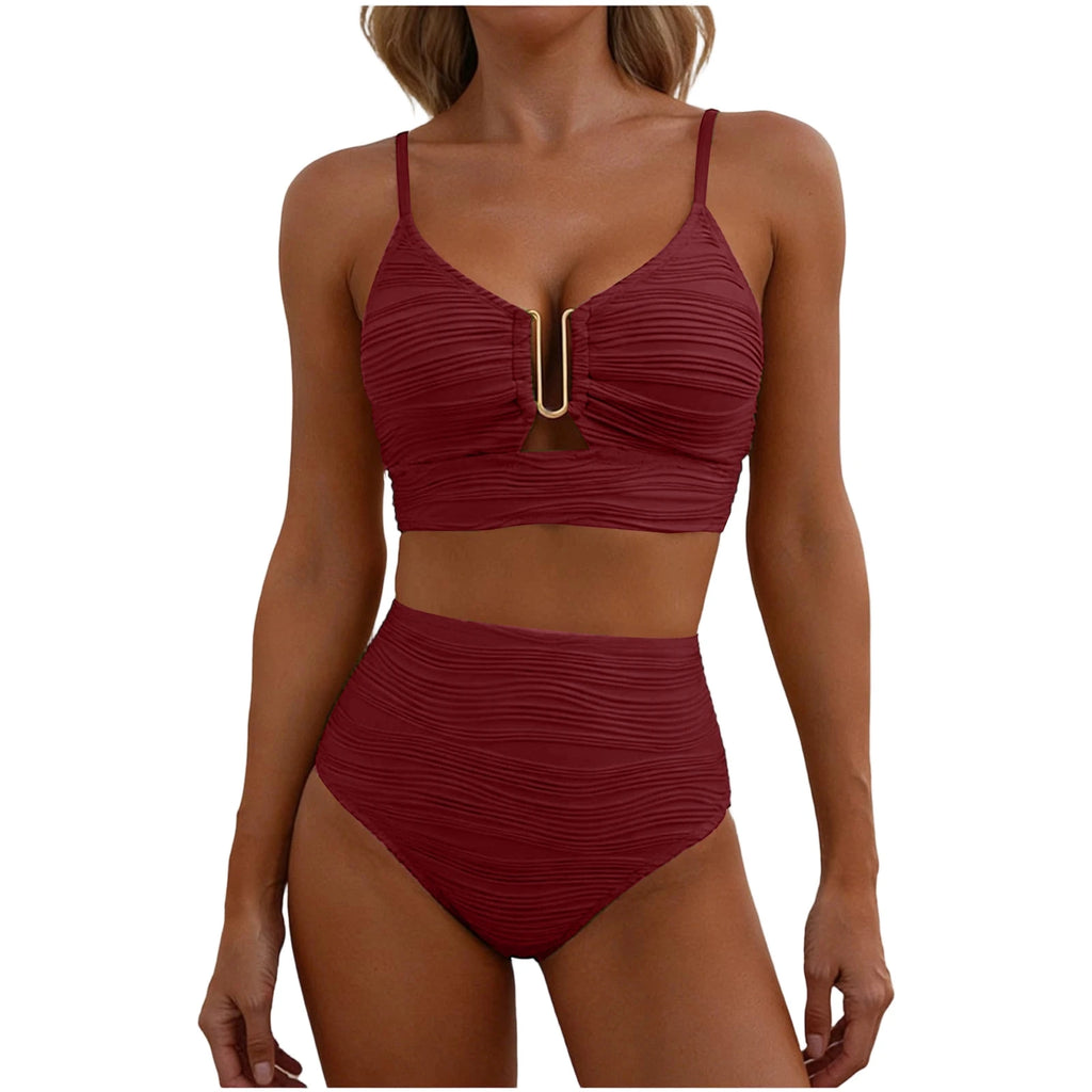 2 Piece Bikini Set Women’s U-Wire Cutout Popular Swimsuit High Waisted Textured 2026 Summer Beach Swim Female Bathing Suits