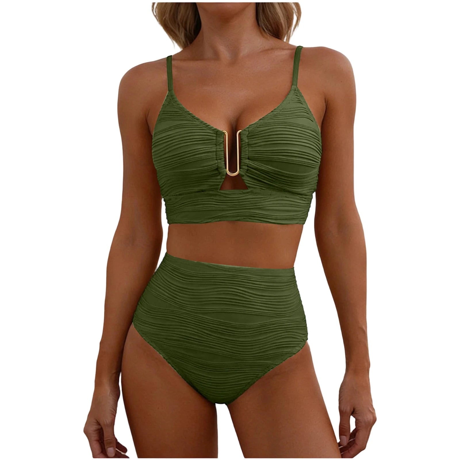 2 Piece Bikini Set Women’s U-Wire Cutout Popular Swimsuit High Waisted Textured 2026 Summer Beach Swim Female Bathing Suits