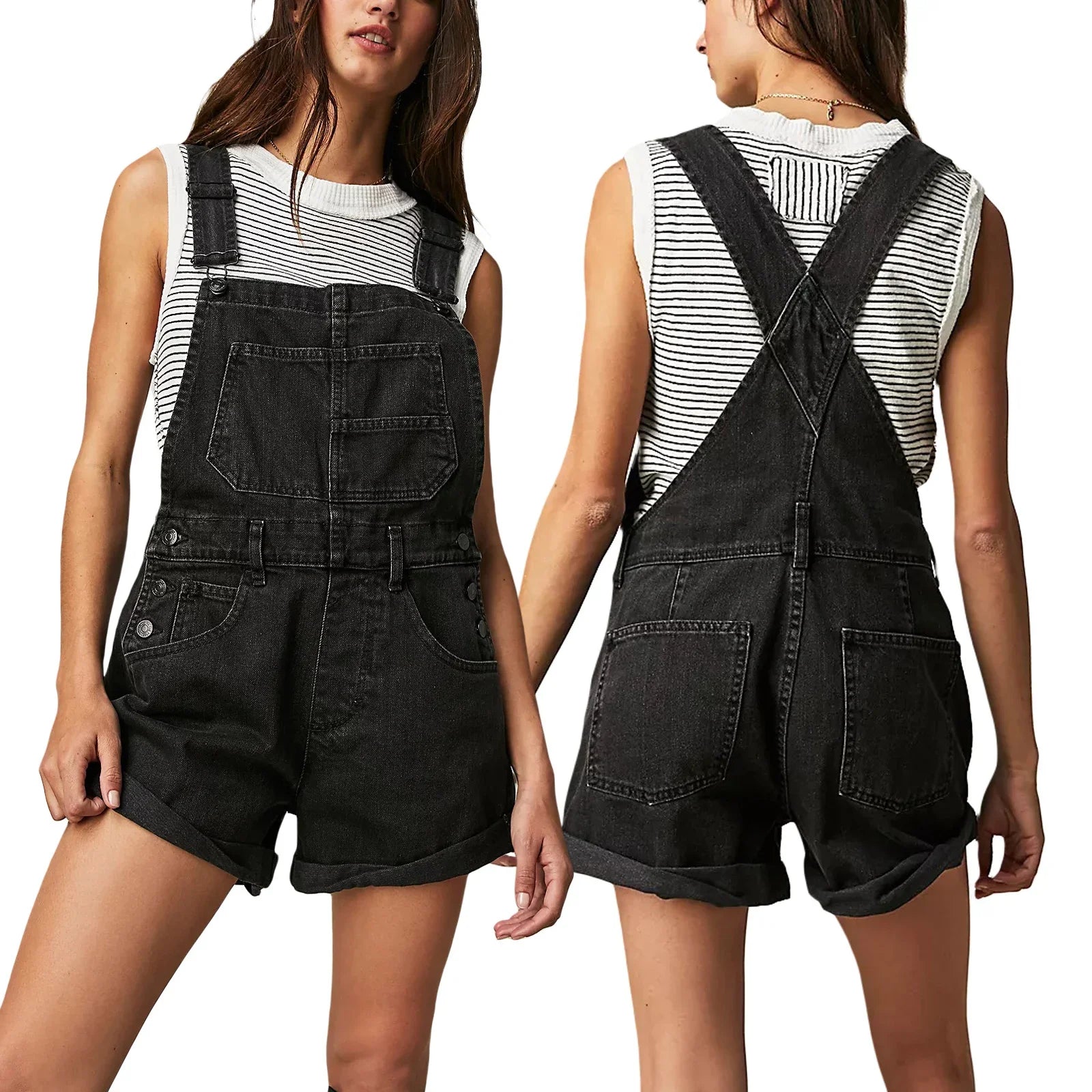 Combhasaki Women's Y2K Vintage Retro Denim Bib Overalls Adjustable Straps Pocket Romper Shorts Casual Rolled Cuff Shortalls