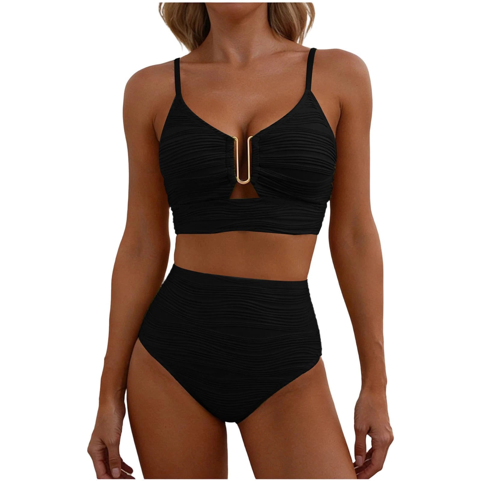 2 Piece Bikini Set Women’s U-Wire Cutout Popular Swimsuit High Waisted Textured 2026 Summer Beach Swim Female Bathing Suits