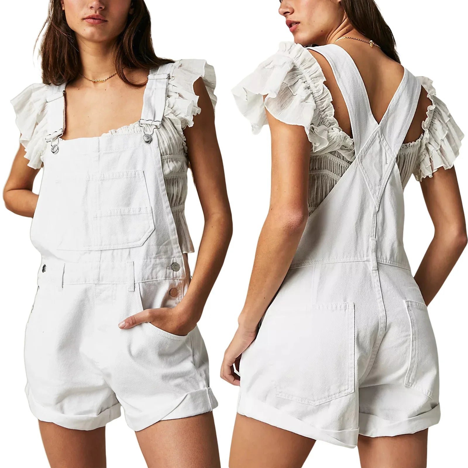 Combhasaki Women's Y2K Vintage Retro Denim Bib Overalls Adjustable Straps Pocket Romper Shorts Casual Rolled Cuff Shortalls