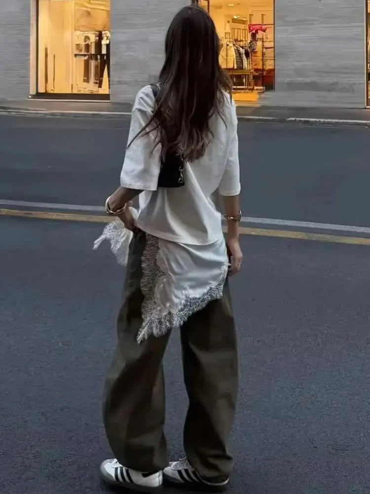 HH Women Vintage Solid Lace Patchwork T-Shirts Asymmetrical Hem O Neck Short Sleeve Shirt 2026 Trend High Street Lady Chic TEES