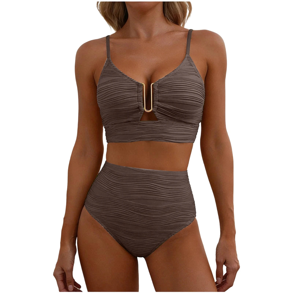 2 Piece Bikini Set Women’s U-Wire Cutout Popular Swimsuit High Waisted Textured 2026 Summer Beach Swim Female Bathing Suits
