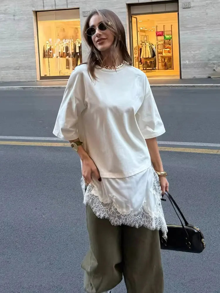 HH Women Vintage Solid Lace Patchwork T-Shirts Asymmetrical Hem O Neck Short Sleeve Shirt 2026 Trend High Street Lady Chic TEES