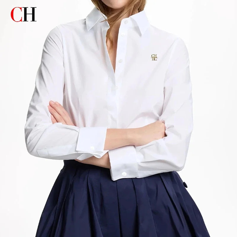 CH Brand Button Down Shirt Long Sleeve Turn Down Collar Office Blouse For Women Formal Work Top 2026 Business Casual Wear