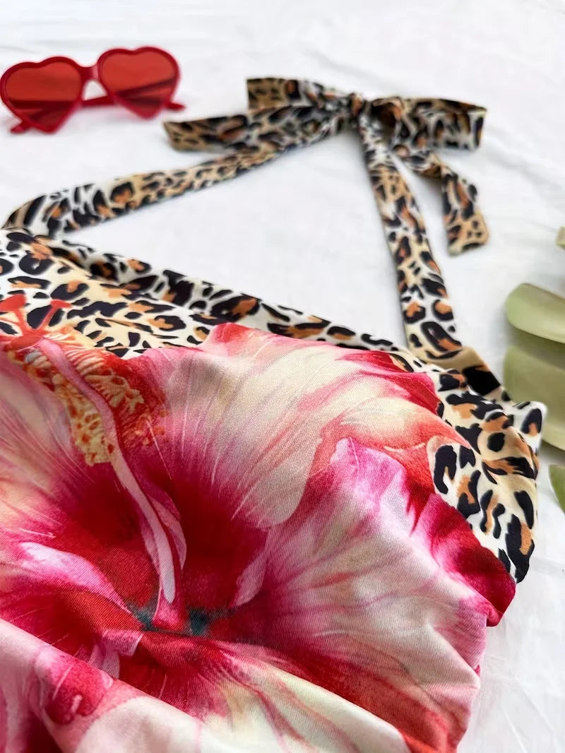 cropped top，  Women's summer vacation style leopard print halter neck back tie vest