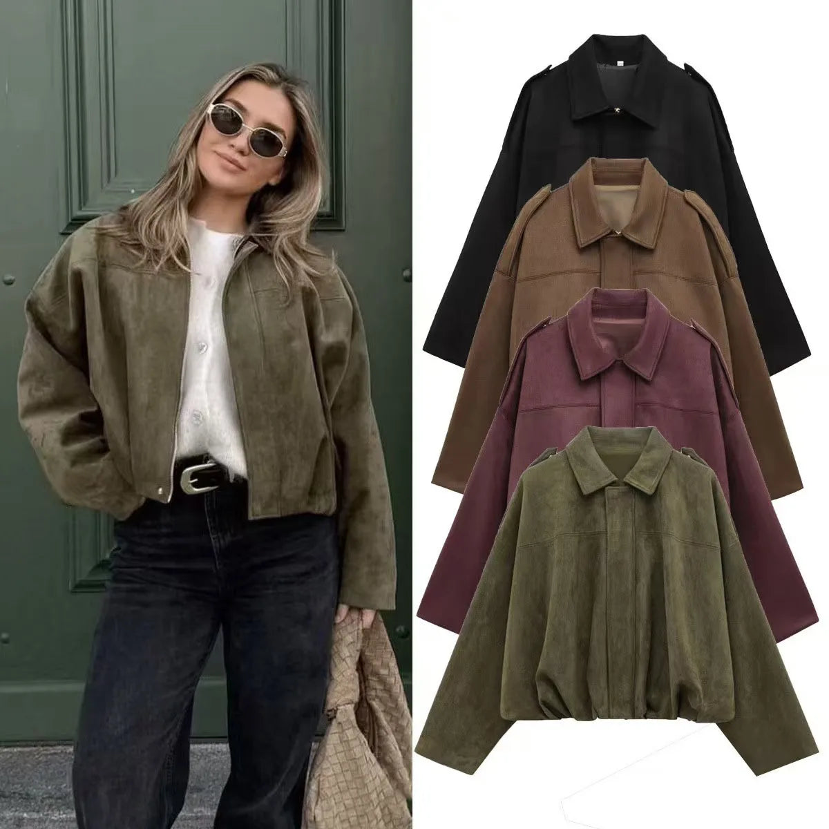 9Color Casual Soft Bomber Jackets Women Long Lantern Sleeve Oversized Autumn Winter Coats Fashion 2025 Streetwear Zipper Outwear