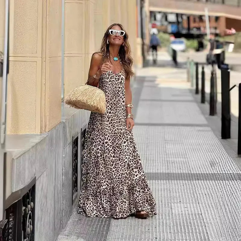 DSMTRC Leopard Print Sleeveless Halter Sexy Midi Dress Summer Women Fashion Streetwear Vacations Party Outfits