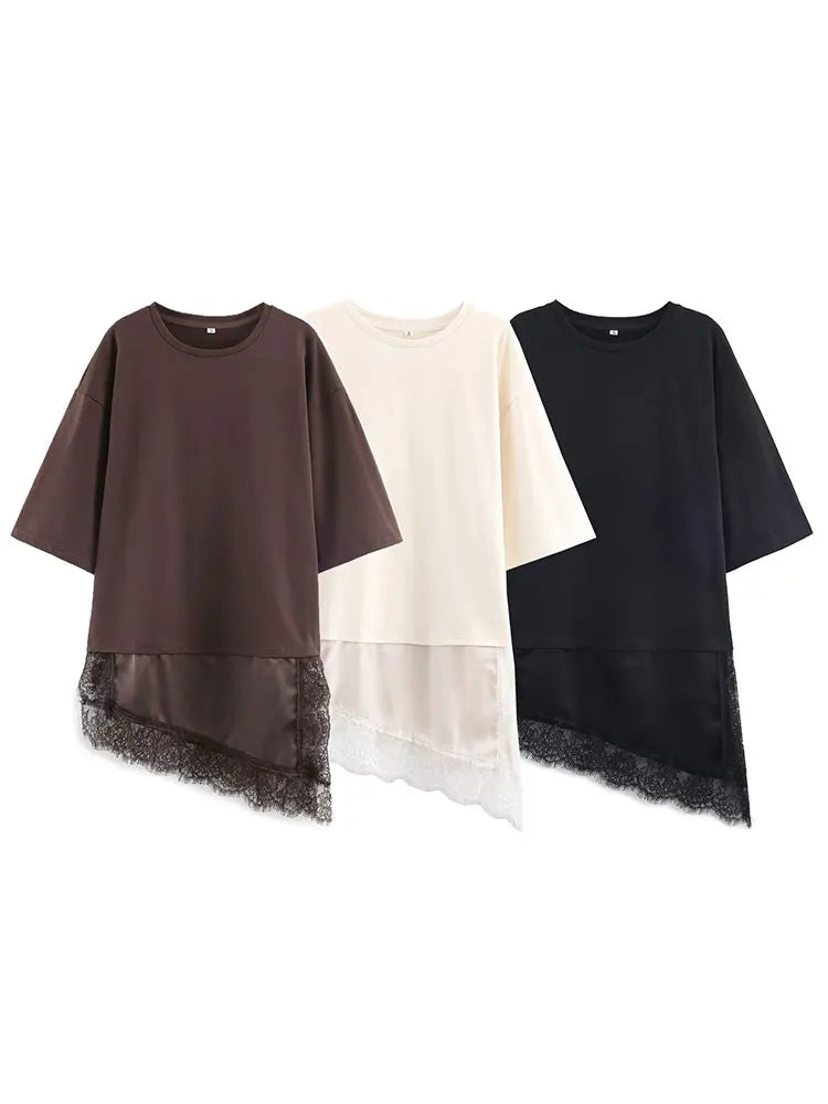 HH Women Vintage Solid Lace Patchwork T-Shirts Asymmetrical Hem O Neck Short Sleeve Shirt 2026 Trend High Street Lady Chic TEES