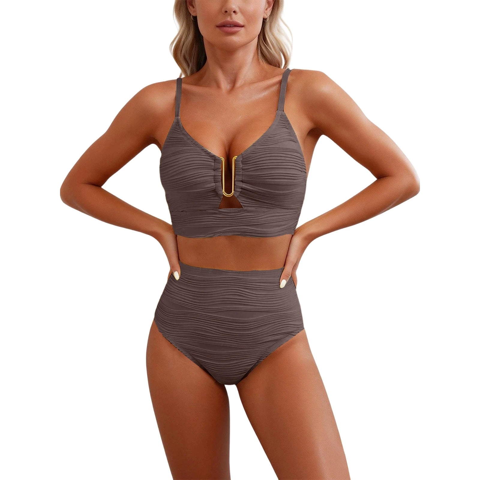 2 Piece Bikini Set Women’s U-Wire Cutout Popular Swimsuit High Waisted Textured 2026 Summer Beach Swim Female Bathing Suits