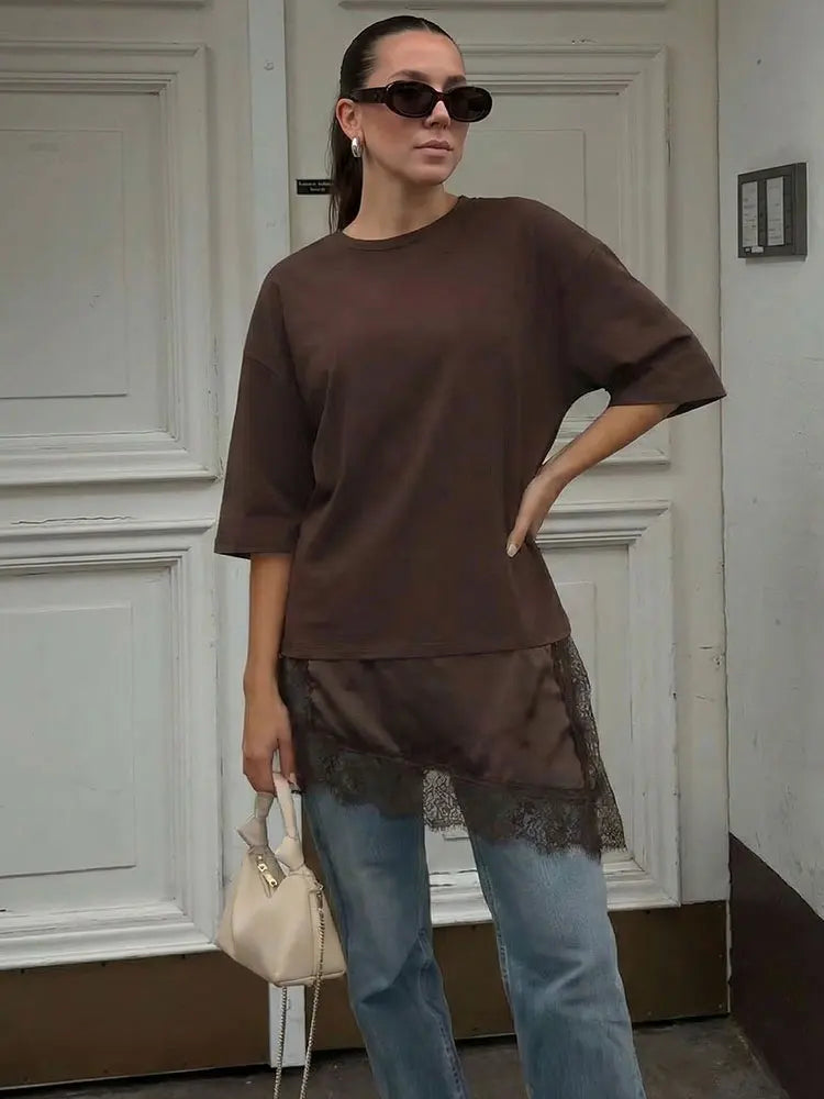 HH Women Vintage Solid Lace Patchwork T-Shirts Asymmetrical Hem O Neck Short Sleeve Shirt 2026 Trend High Street Lady Chic TEES