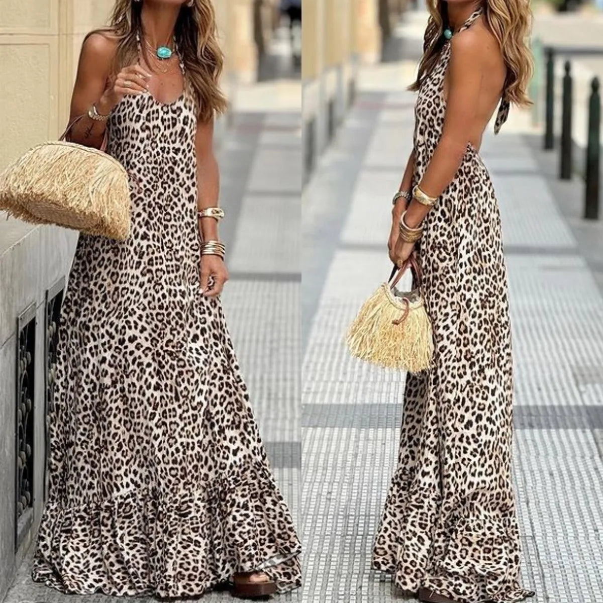 DSMTRC Leopard Print Sleeveless Halter Sexy Midi Dress Summer Women Fashion Streetwear Vacations Party Outfits