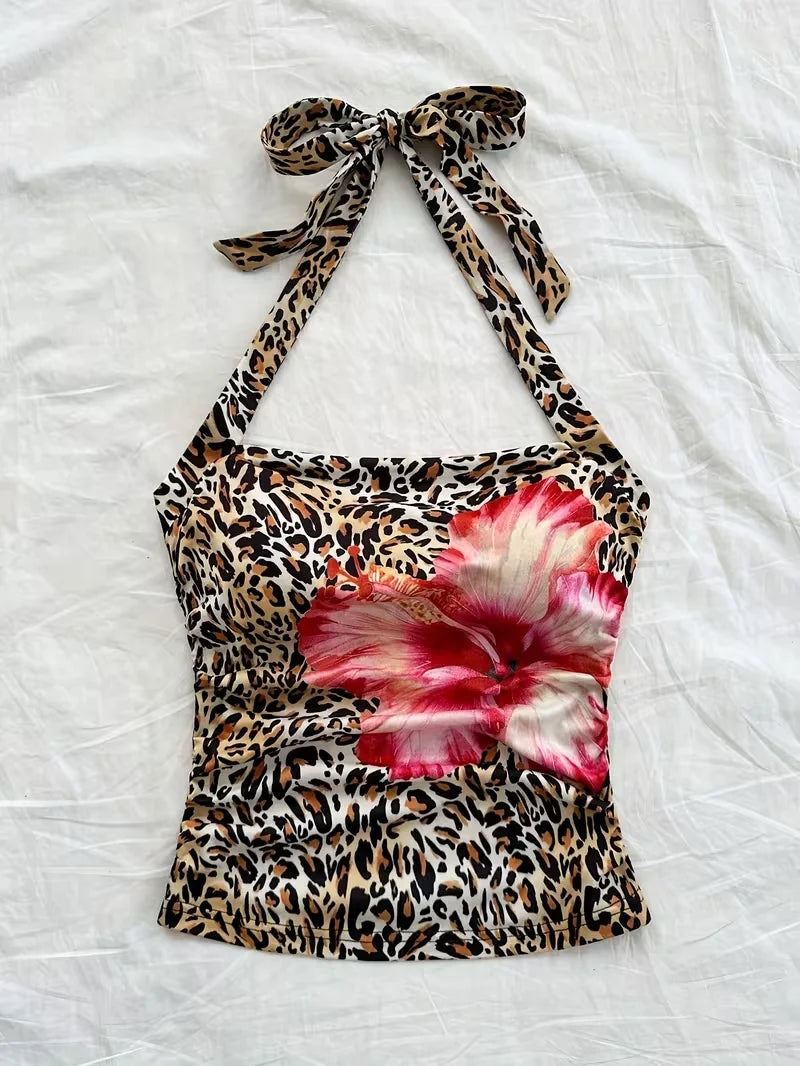 cropped top，  Women's summer vacation style leopard print halter neck back tie vest