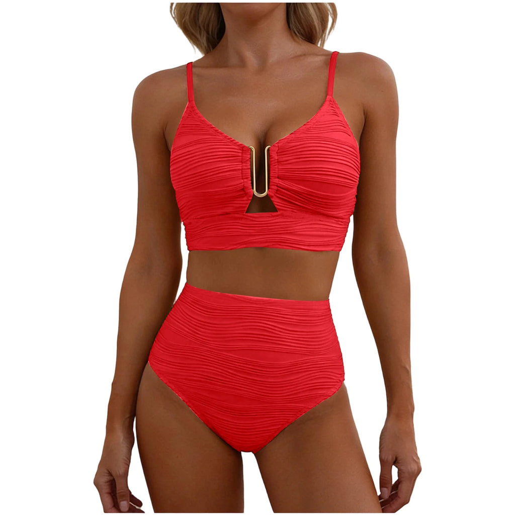 2 Piece Bikini Set Women’s U-Wire Cutout Popular Swimsuit High Waisted Textured 2026 Summer Beach Swim Female Bathing Suits