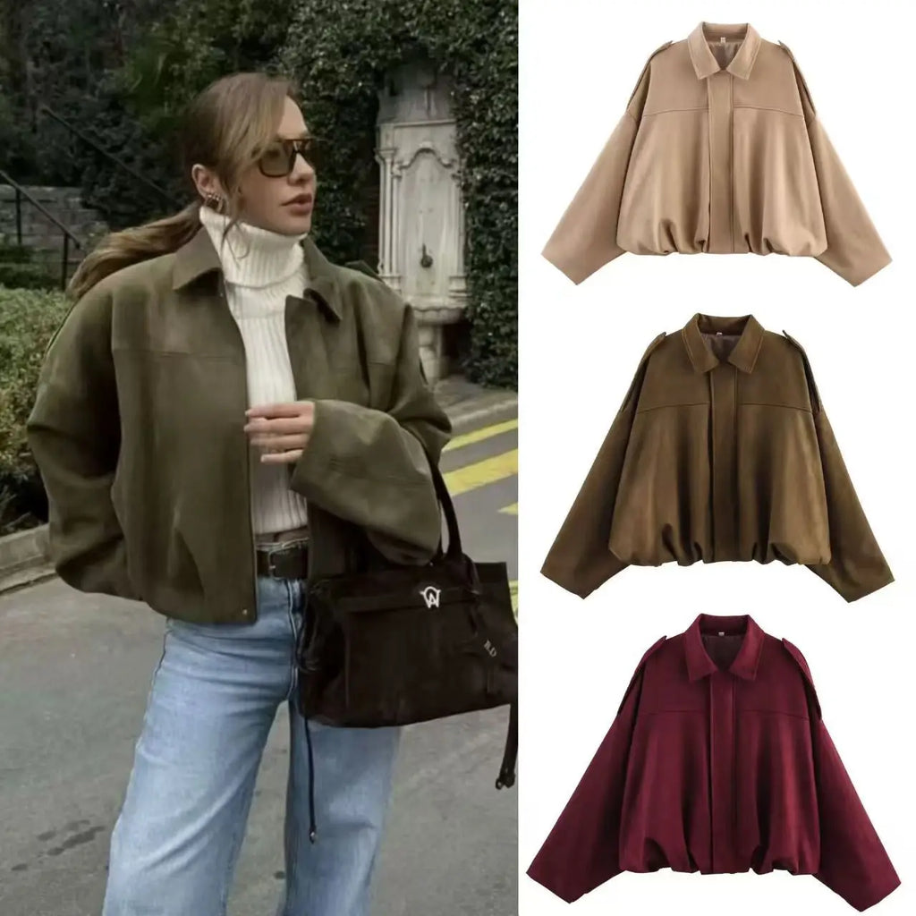 9Color Casual Soft Bomber Jackets Women Long Lantern Sleeve Oversized Autumn Winter Coats Fashion 2025 Streetwear Zipper Outwear