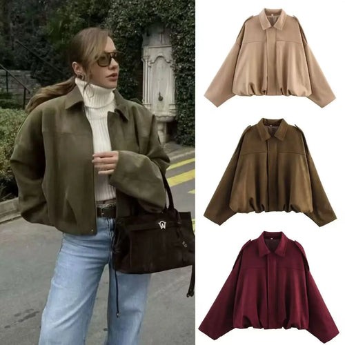 9Color Casual Soft Bomber Jackets Women Long Lantern Sleeve Oversized Autumn Winter Coats Fashion 2025 Streetwear Zipper Outwear