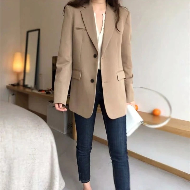 Aelegantmis Spring New Fashion Blazer Jacket Women Casual Pockets Long Sleeve Work Suit Coat Office Lady Solid Slim Blazers