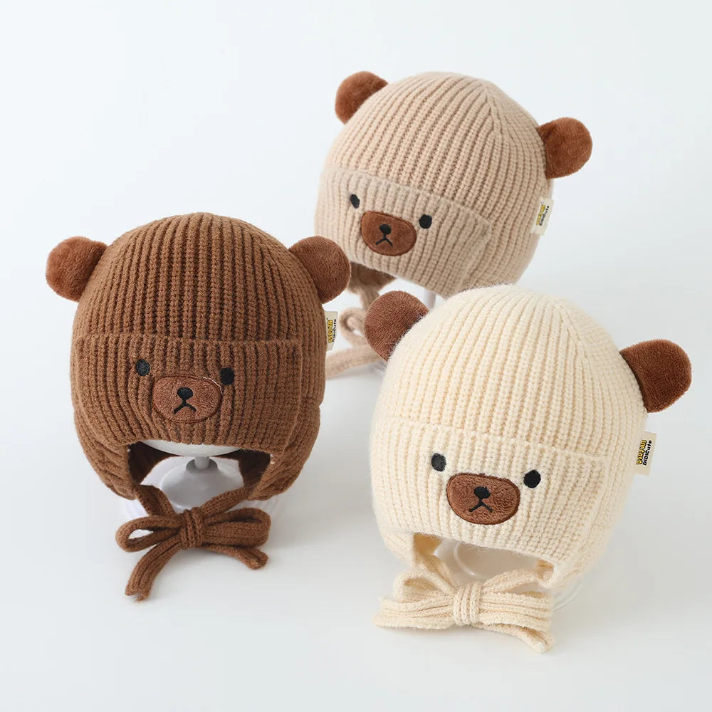 Boys Bear Animal Beanie Hats Children Thick Cute Caps Kids Knitted Cold Proof Hat Girls Autumn Winter Warm Windproof Cap