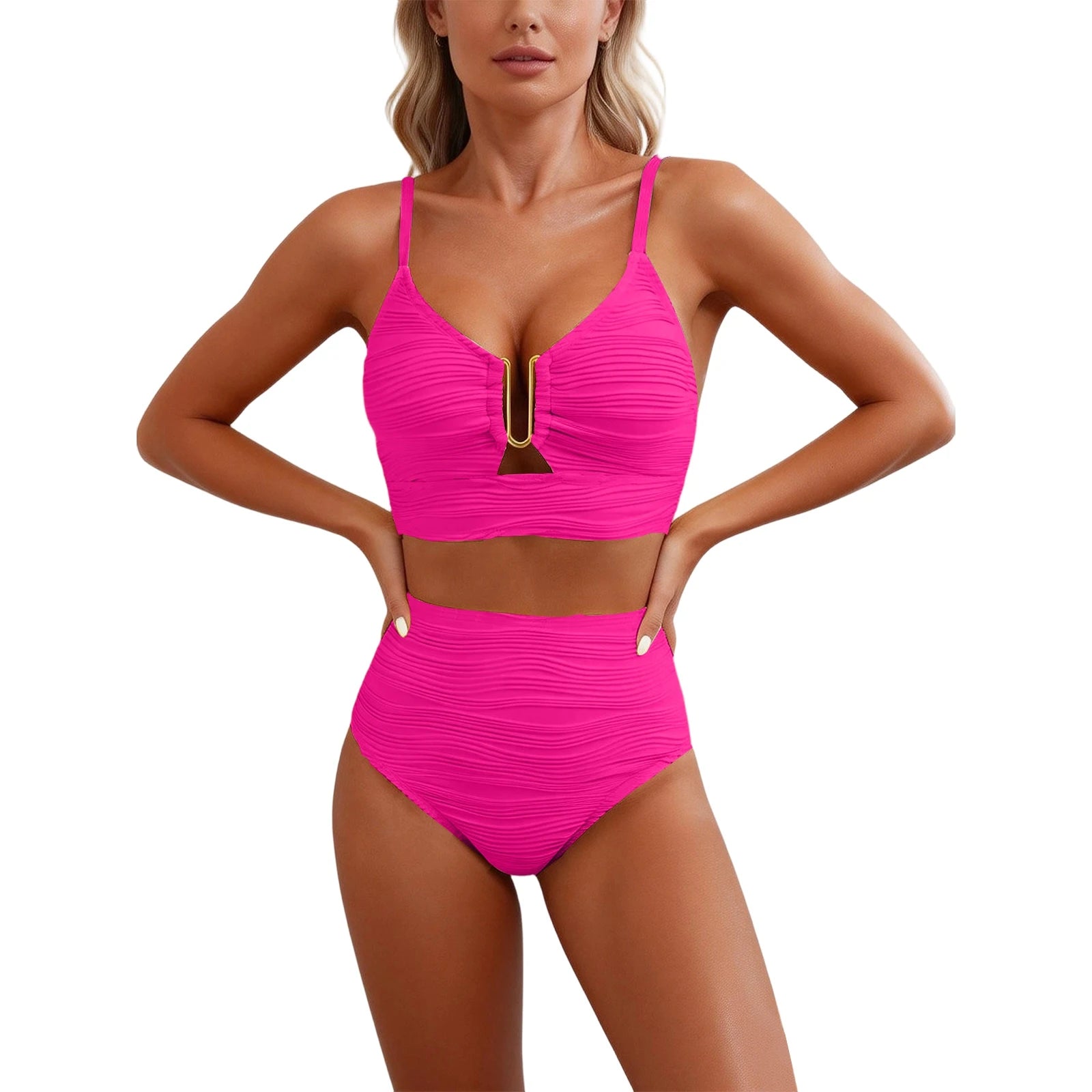 2 Piece Bikini Set Women’s U-Wire Cutout Popular Swimsuit High Waisted Textured 2026 Summer Beach Swim Female Bathing Suits