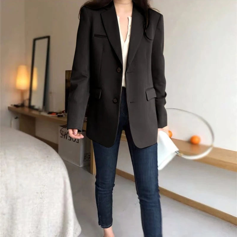 Aelegantmis Spring New Fashion Blazer Jacket Women Casual Pockets Long Sleeve Work Suit Coat Office Lady Solid Slim Blazers