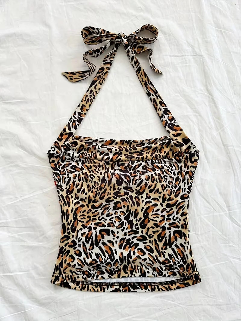 cropped top，  Women's summer vacation style leopard print halter neck back tie vest