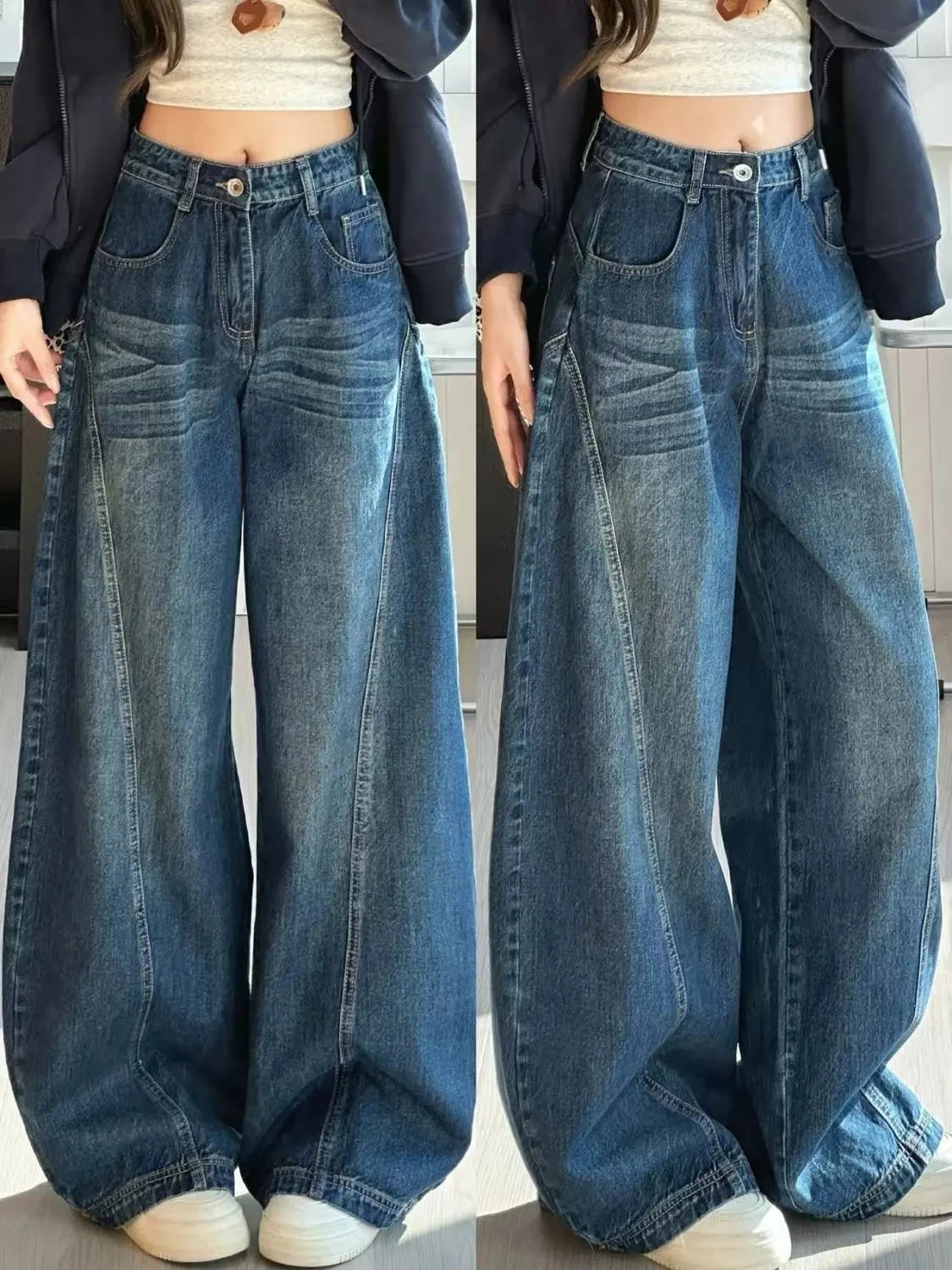 Blue High Street Wide Leg Jeans Women's Loose Slimming Drapey Straight Floor-Length Pants Spring Summer New Ladies Denim