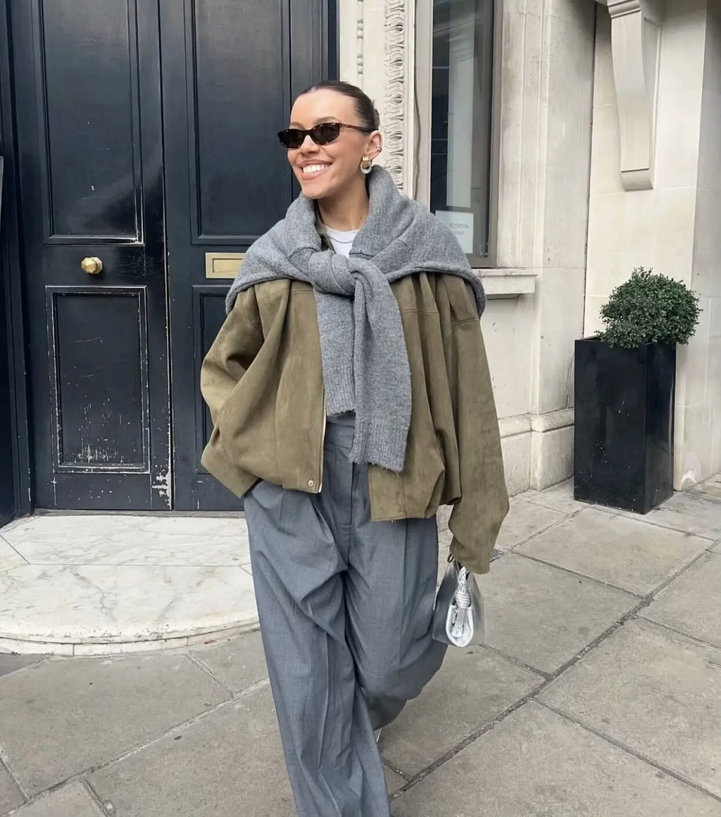 9Color Casual Soft Bomber Jackets Women Long Lantern Sleeve Oversized Autumn Winter Coats Fashion 2025 Streetwear Zipper Outwear