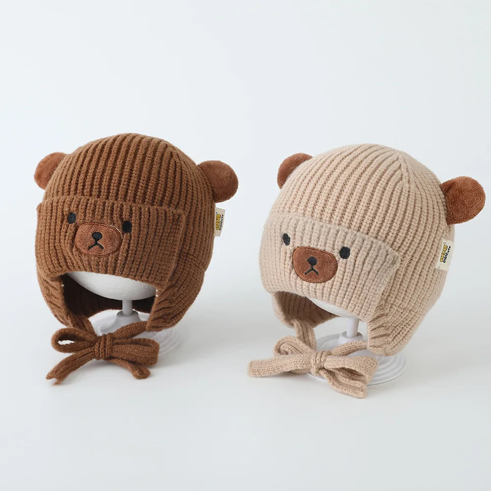 Boys Bear Animal Beanie Hats Children Thick Cute Caps Kids Knitted Cold Proof Hat Girls Autumn Winter Warm Windproof Cap