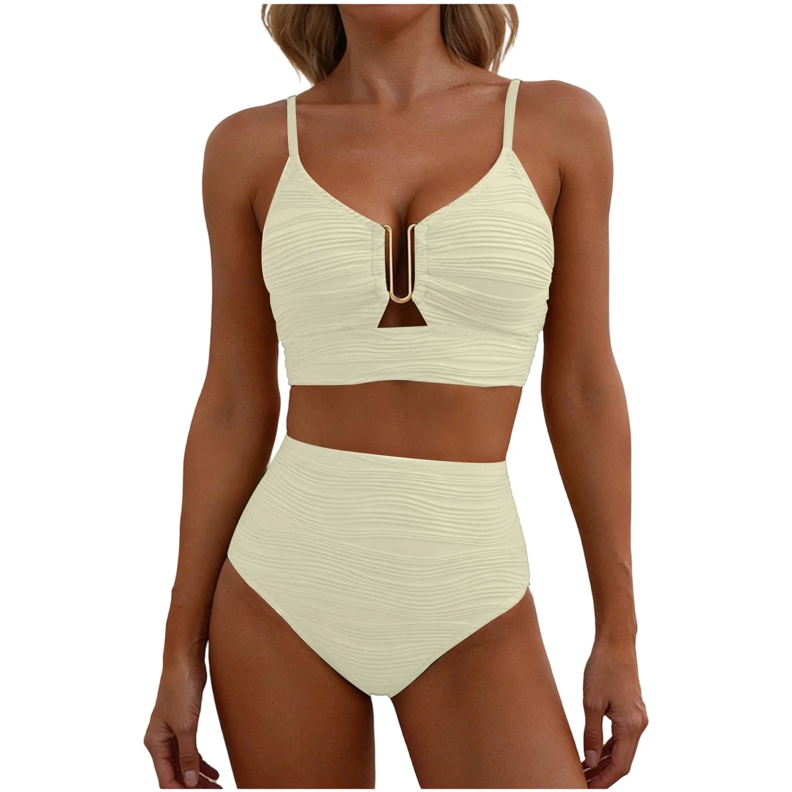 2 Piece Bikini Set Women’s U-Wire Cutout Popular Swimsuit High Waisted Textured 2026 Summer Beach Swim Female Bathing Suits