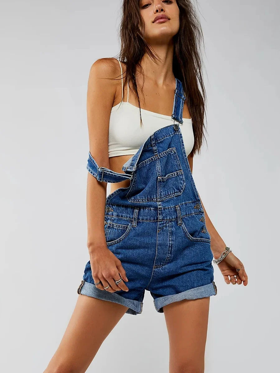 Combhasaki Women's Y2K Vintage Retro Denim Bib Overalls Adjustable Straps Pocket Romper Shorts Casual Rolled Cuff Shortalls