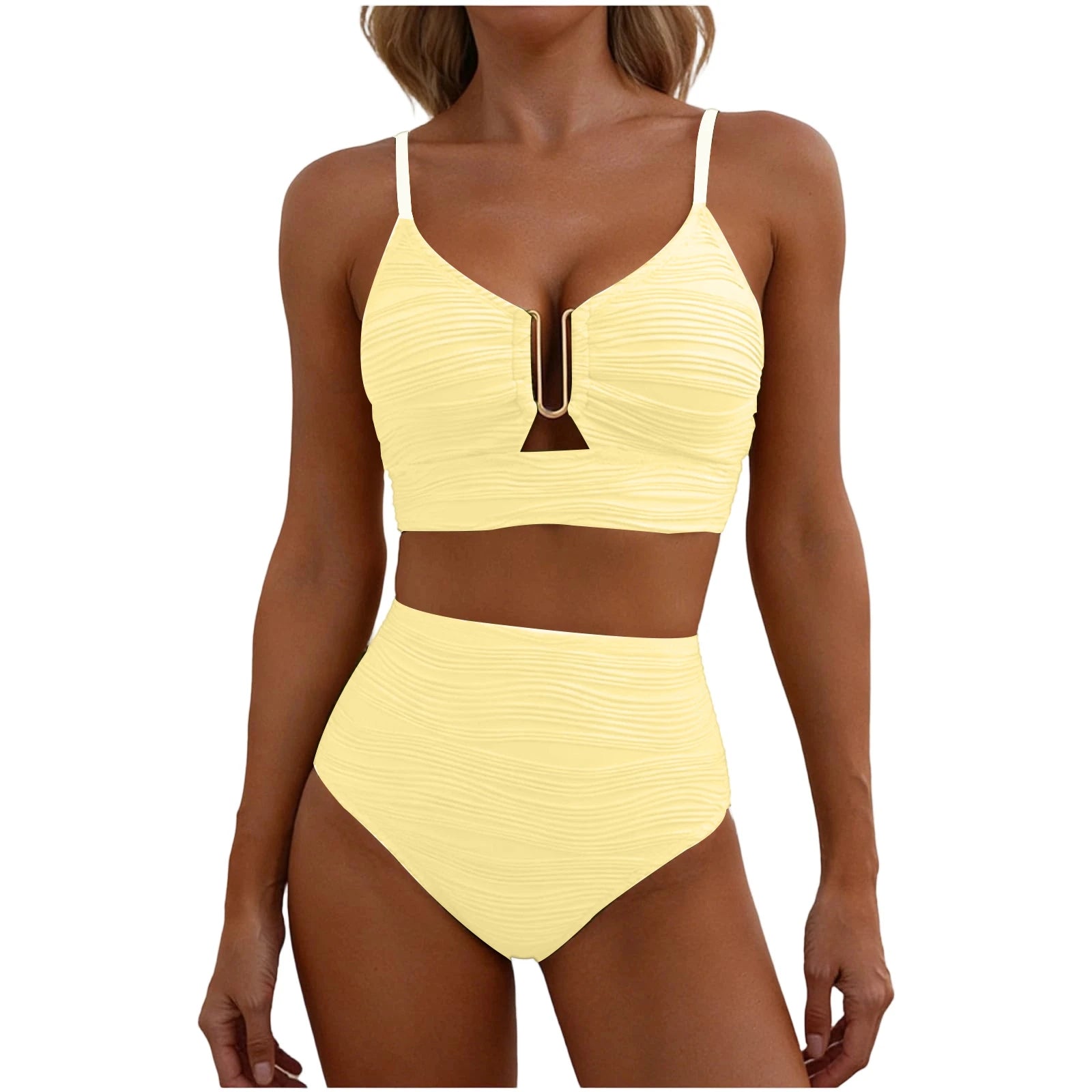 2 Piece Bikini Set Women’s U-Wire Cutout Popular Swimsuit High Waisted Textured 2026 Summer Beach Swim Female Bathing Suits