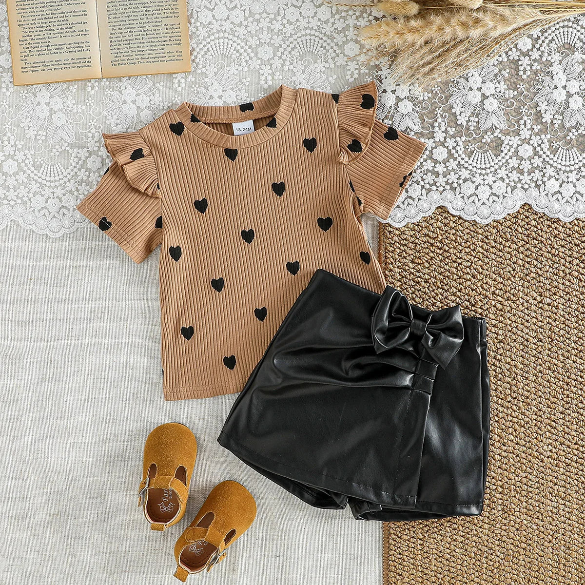 Chiikdren Summer New style Kids girl Heart print Short-sleeve bow-decorated black Pants Fashion two-piece set For 1-6Y