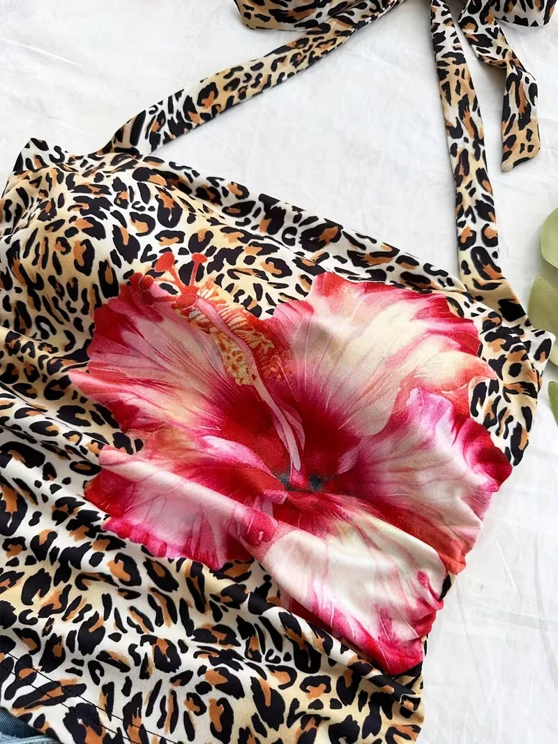 cropped top，  Women's summer vacation style leopard print halter neck back tie vest