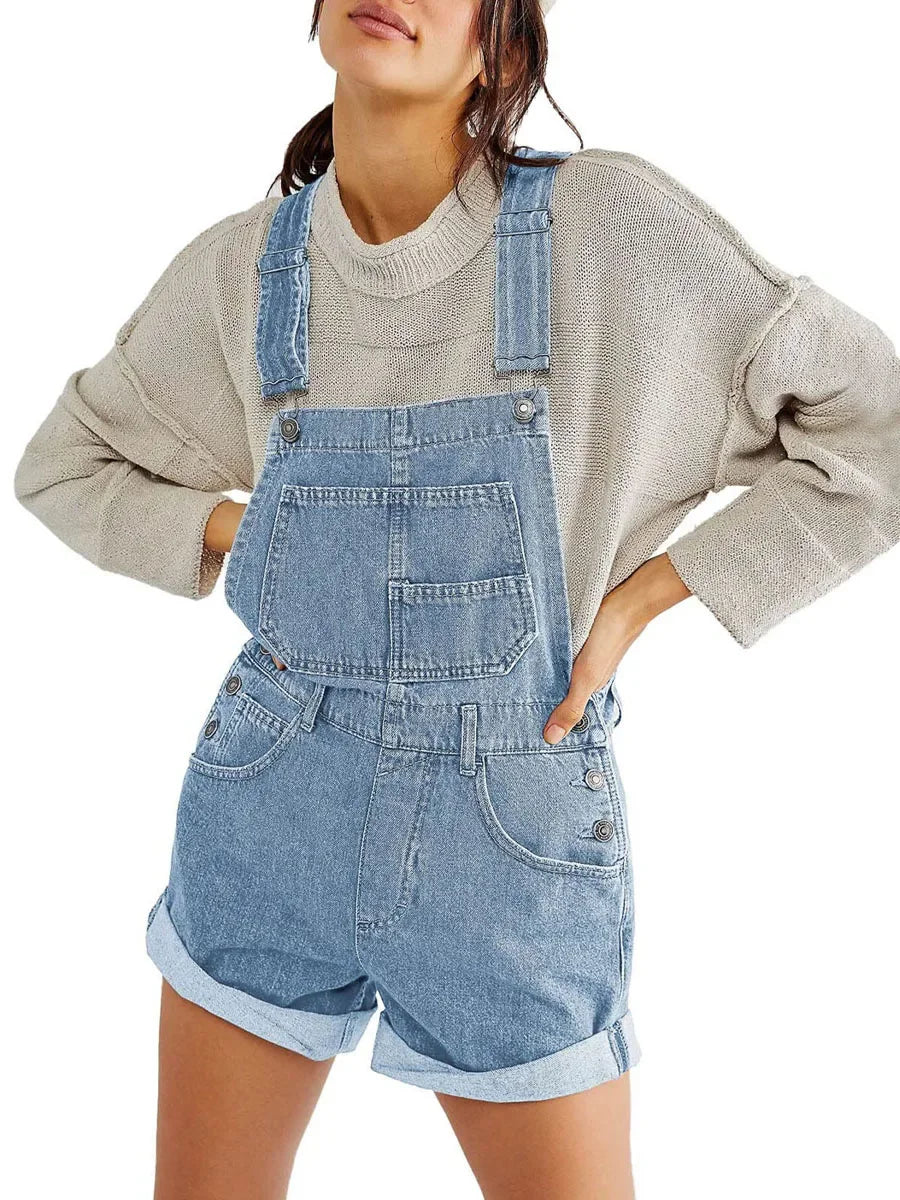 Combhasaki Women's Y2K Vintage Retro Denim Bib Overalls Adjustable Straps Pocket Romper Shorts Casual Rolled Cuff Shortalls