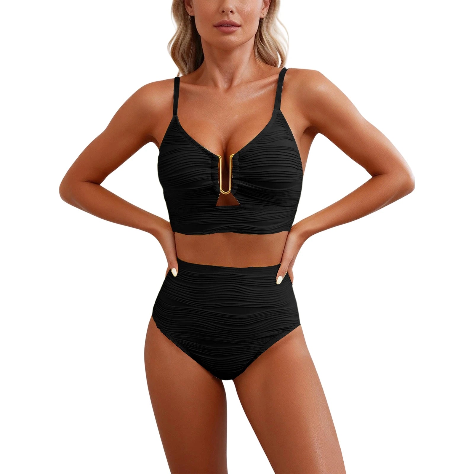 2 Piece Bikini Set Women’s U-Wire Cutout Popular Swimsuit High Waisted Textured 2026 Summer Beach Swim Female Bathing Suits
