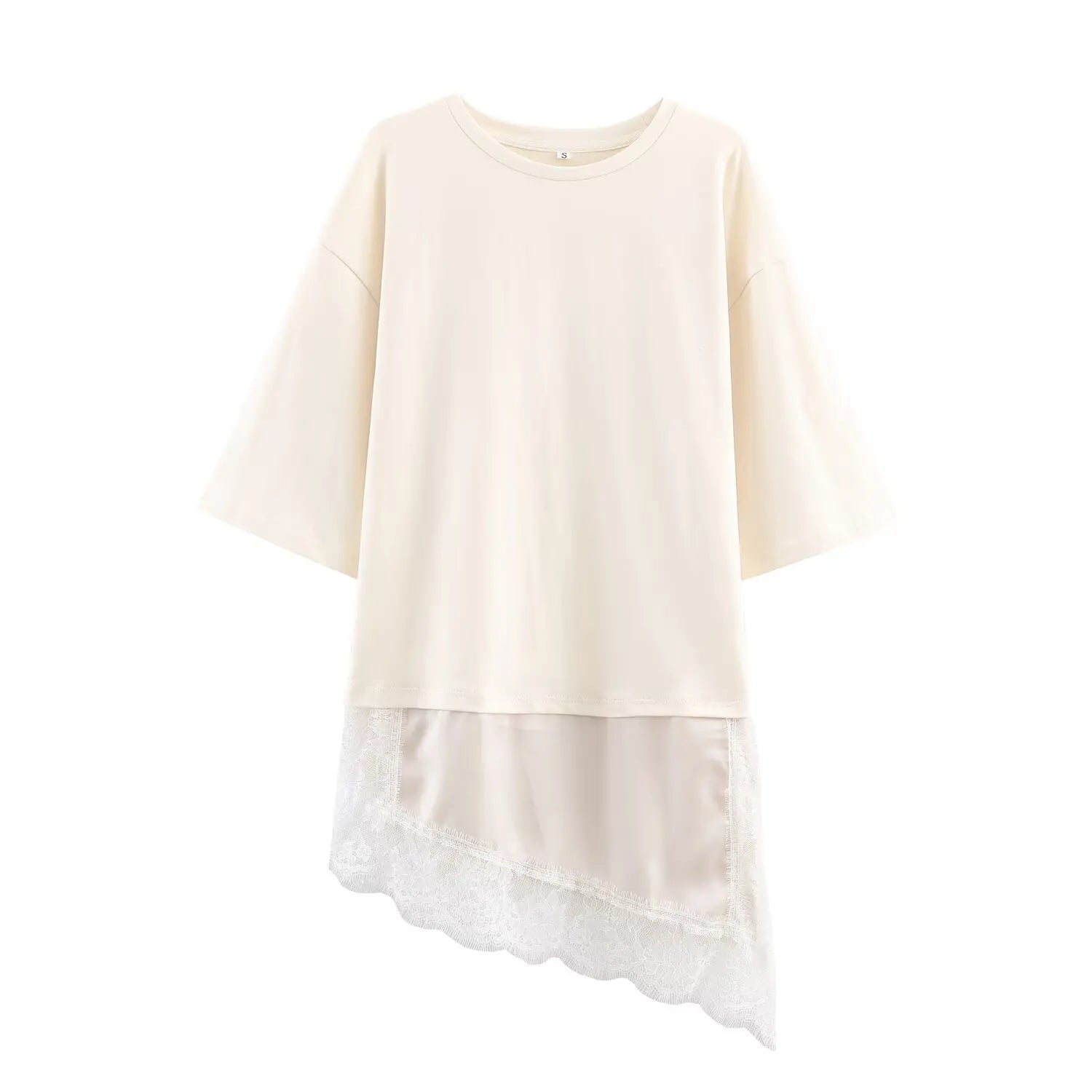 HH Women Vintage Solid Lace Patchwork T-Shirts Asymmetrical Hem O Neck Short Sleeve Shirt 2026 Trend High Street Lady Chic TEES