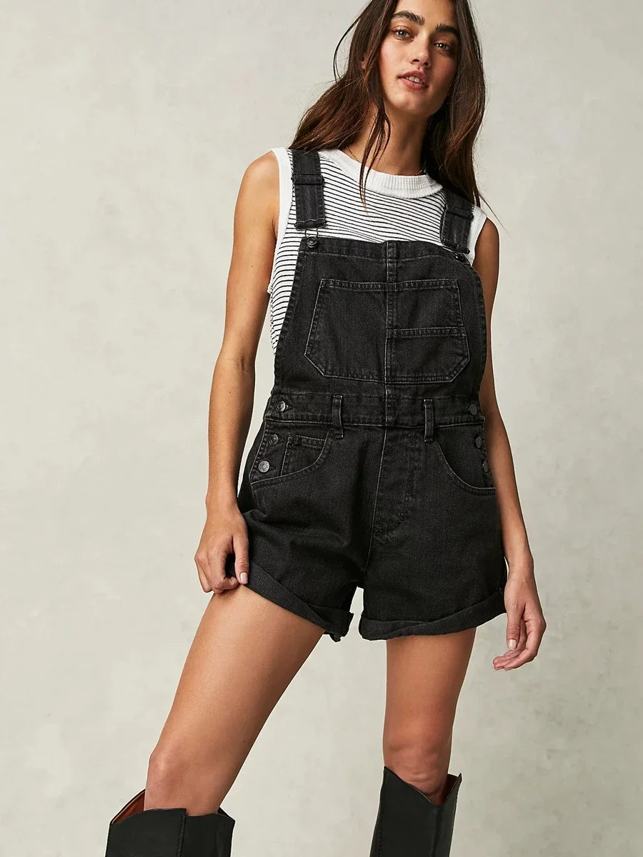 Combhasaki Women's Y2K Vintage Retro Denim Bib Overalls Adjustable Straps Pocket Romper Shorts Casual Rolled Cuff Shortalls