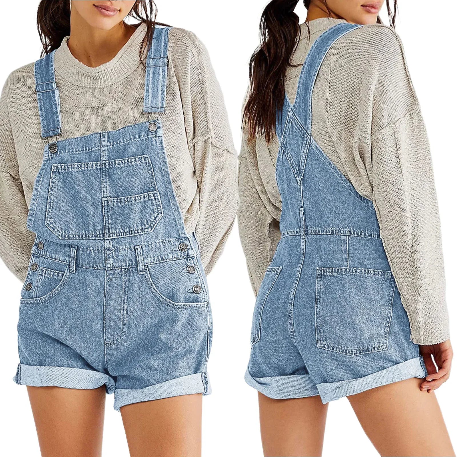 Combhasaki Women's Y2K Vintage Retro Denim Bib Overalls Adjustable Straps Pocket Romper Shorts Casual Rolled Cuff Shortalls