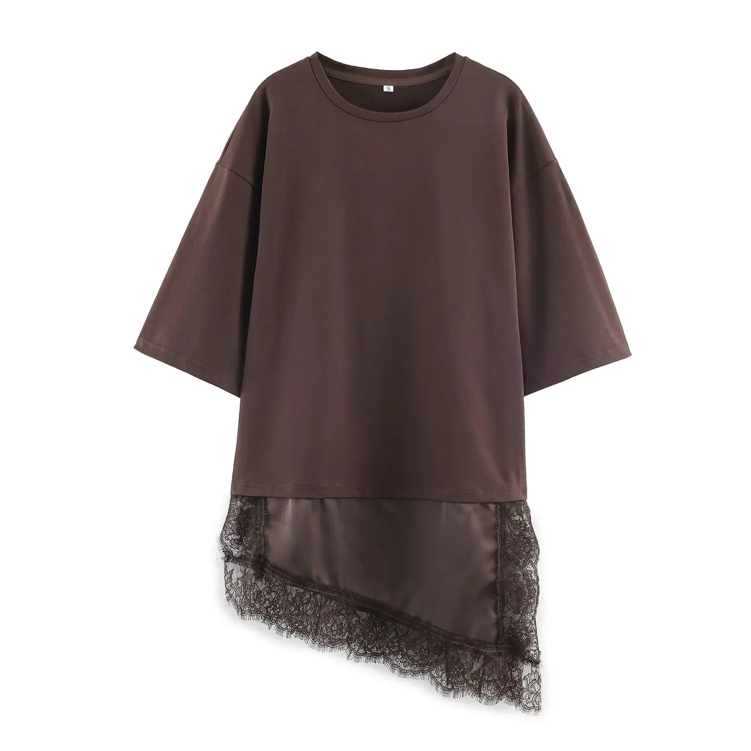 HH Women Vintage Solid Lace Patchwork T-Shirts Asymmetrical Hem O Neck Short Sleeve Shirt 2026 Trend High Street Lady Chic TEES