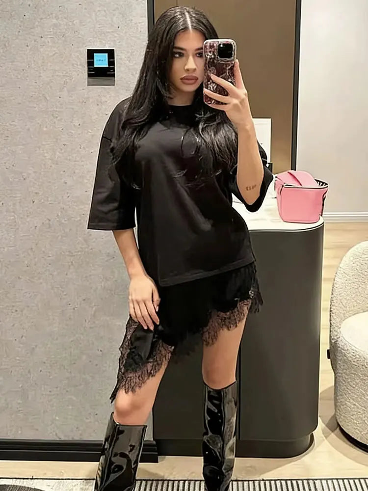 HH Women Vintage Solid Lace Patchwork T-Shirts Asymmetrical Hem O Neck Short Sleeve Shirt 2026 Trend High Street Lady Chic TEES