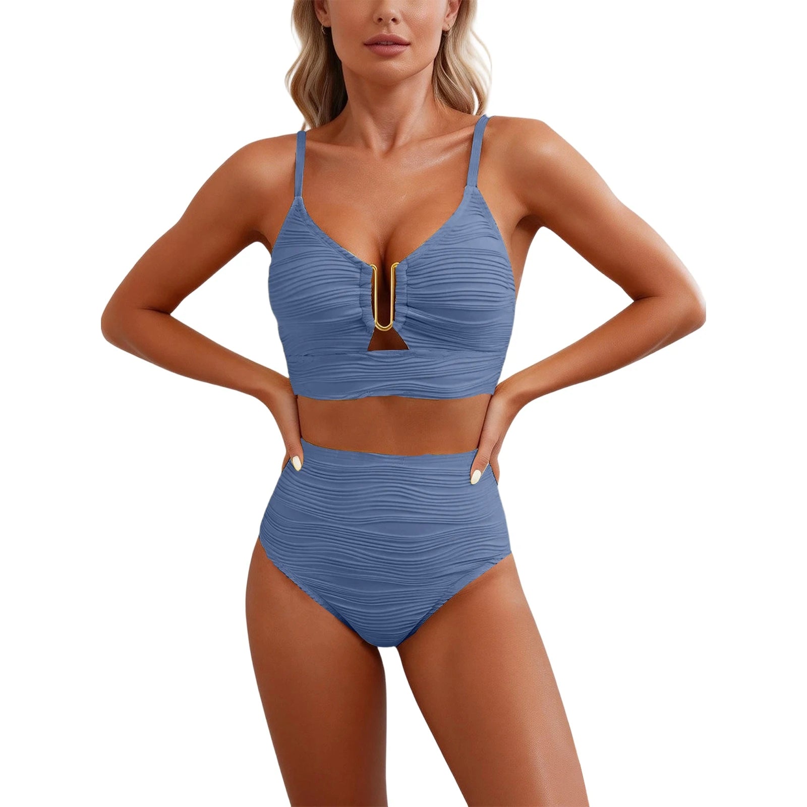 2 Piece Bikini Set Women’s U-Wire Cutout Popular Swimsuit High Waisted Textured 2026 Summer Beach Swim Female Bathing Suits