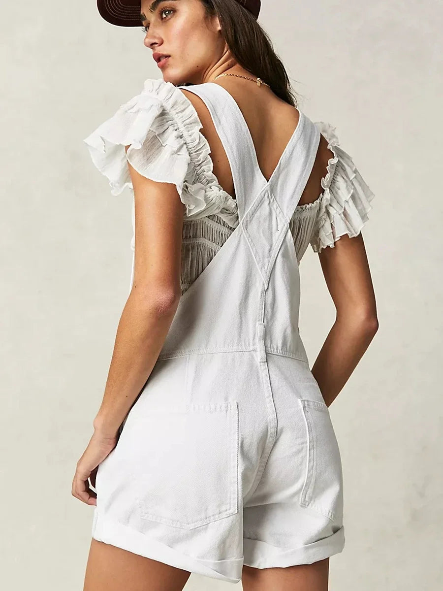 Combhasaki Women's Y2K Vintage Retro Denim Bib Overalls Adjustable Straps Pocket Romper Shorts Casual Rolled Cuff Shortalls