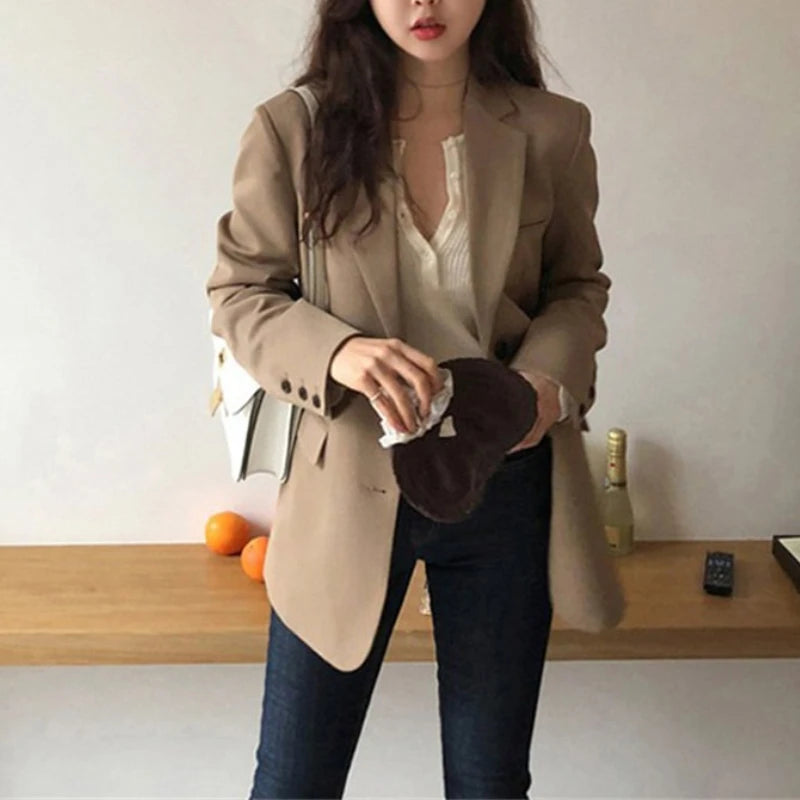 Aelegantmis Spring New Fashion Blazer Jacket Women Casual Pockets Long Sleeve Work Suit Coat Office Lady Solid Slim Blazers