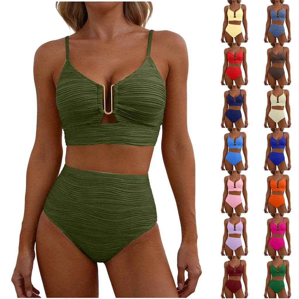 2 Piece Bikini Set Women’s U-Wire Cutout Popular Swimsuit High Waisted Textured 2026 Summer Beach Swim Female Bathing Suits