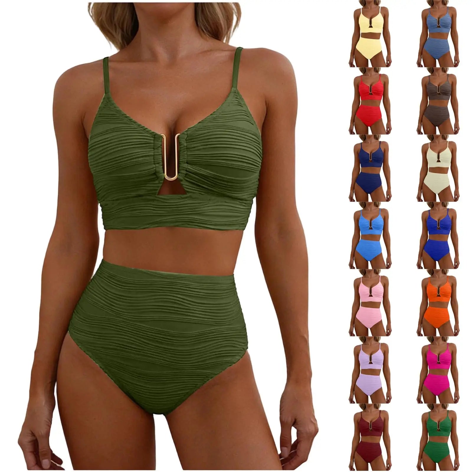 2 Piece Bikini Set Women’s U-Wire Cutout Popular Swimsuit High Waisted Textured 2026 Summer Beach Swim Female Bathing Suits