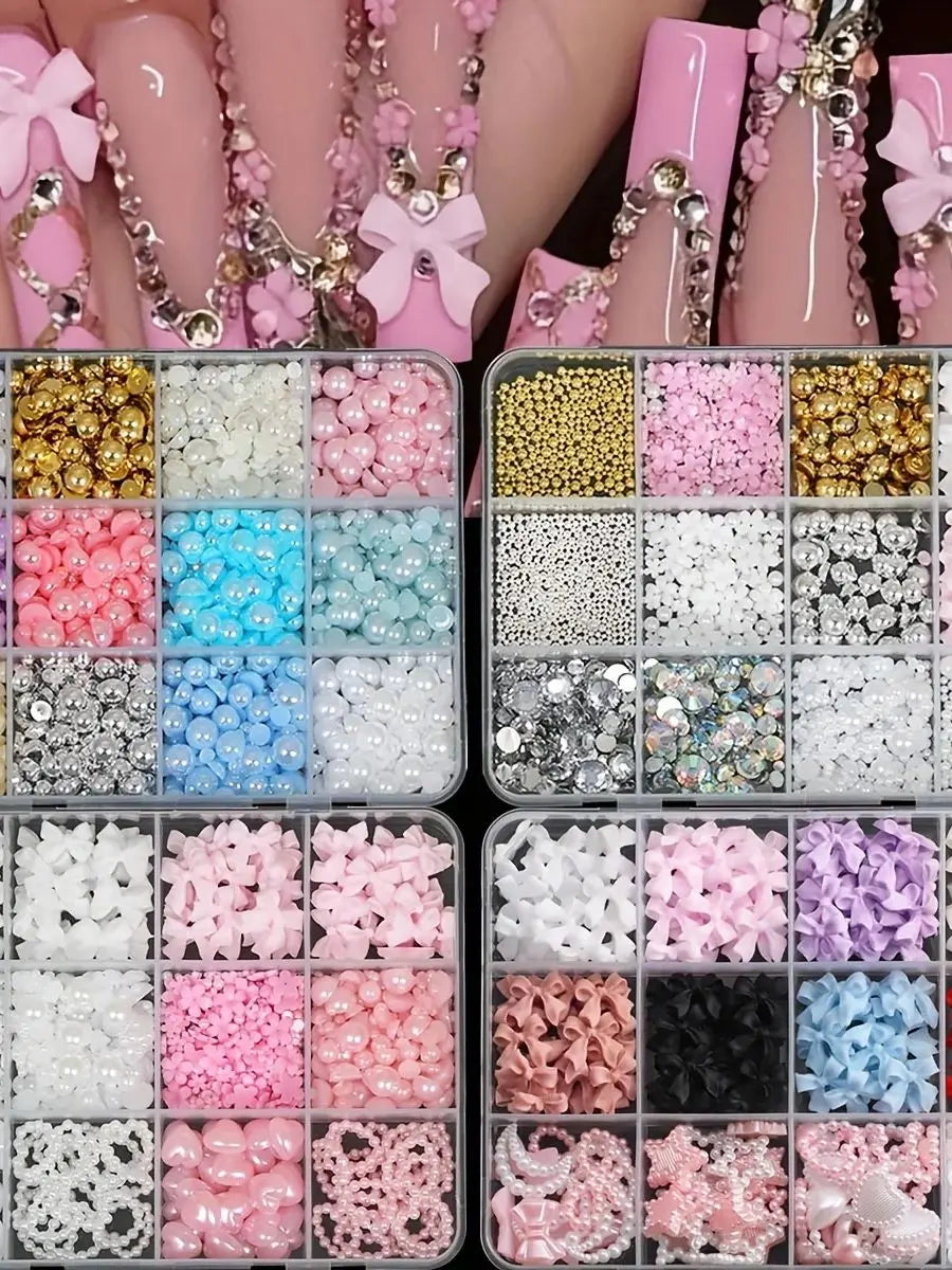 500PCS 3D Nail Art Decoration Kit with Resin Bows, Flat Back Pearls, and Assorted Shapes – Unscented DIY Craft Embellishments