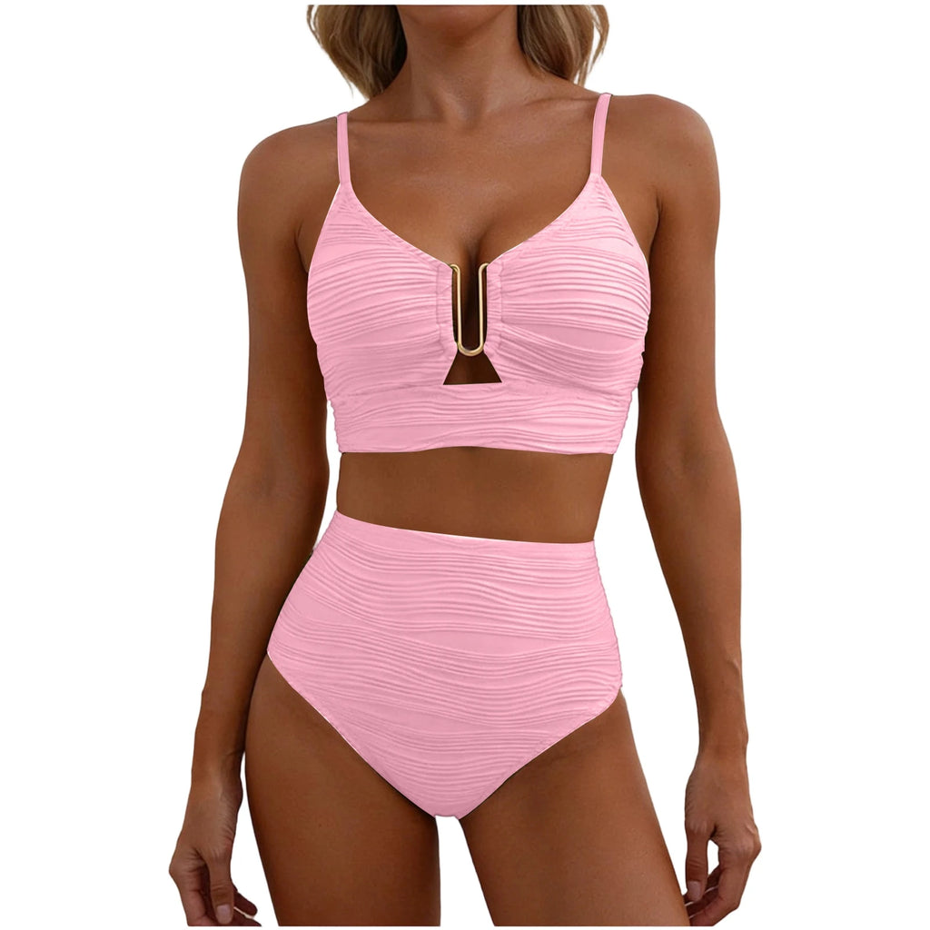 2 Piece Bikini Set Women’s U-Wire Cutout Popular Swimsuit High Waisted Textured 2026 Summer Beach Swim Female Bathing Suits
