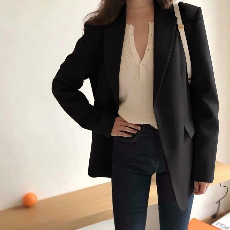 Aelegantmis Spring New Fashion Blazer Jacket Women Casual Pockets Long Sleeve Work Suit Coat Office Lady Solid Slim Blazers
